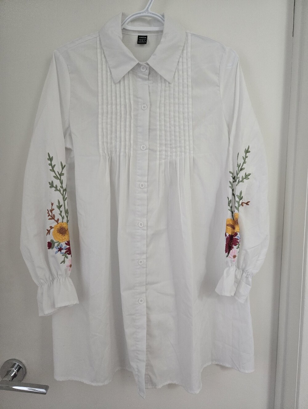 Ladies Embroidered Longline Shirt Dress with Floral Sleeves - S